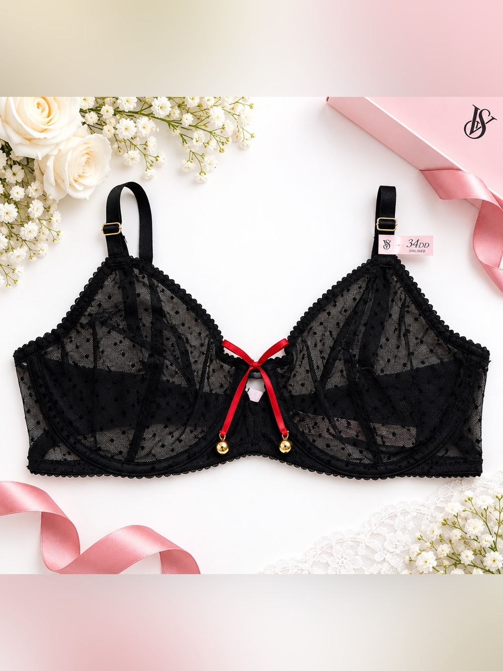 Victoria's Secret Black Sheer Very Sexy Polka-Dot Mesh Bra with Jingle Bells